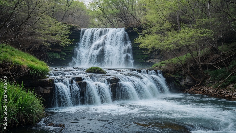 Fototapeta premium Spring Equinox waterfall surrounded by lush greenery