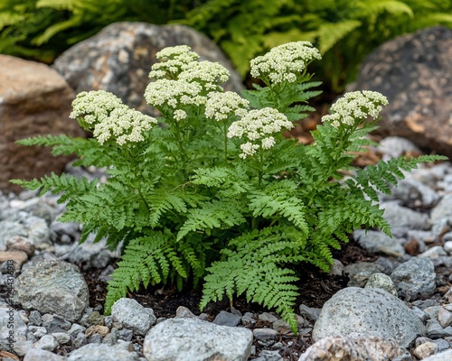 White flowering fern plant in rock garden. photo