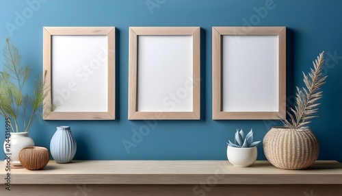 Three blank picture frames mockup wall art posters on a light blue wall with decorative items