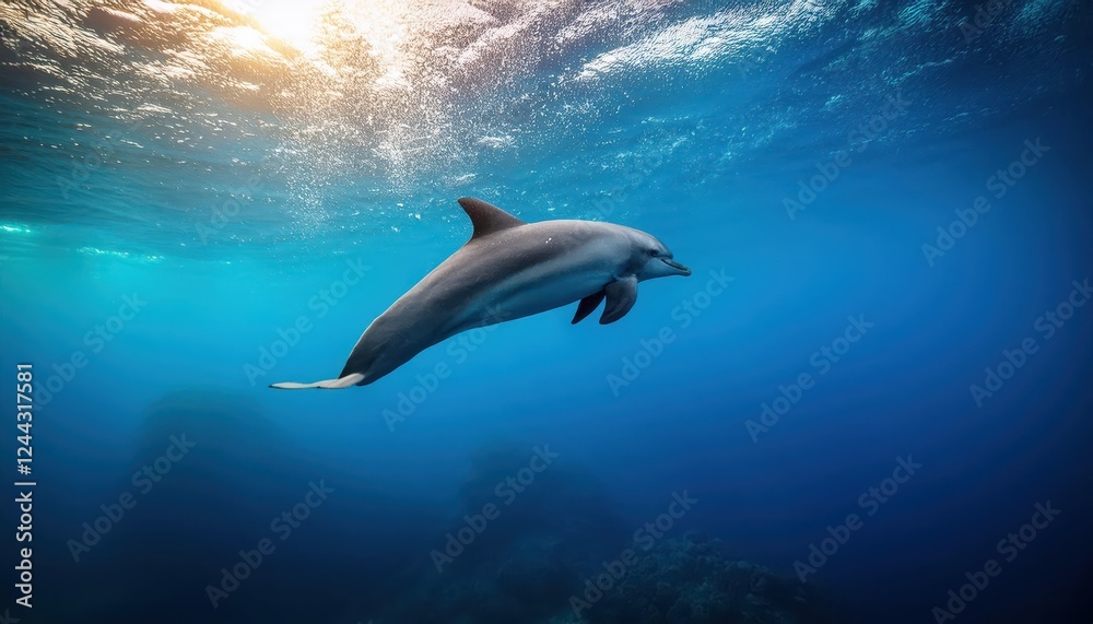 Majestic Dolphin gracefully gliding under the vast, deep ocean abyss, surrounded by brilliant marine life and vibrant coral reefs, capturing the mystery and wonder of the underwater world. Majestic Dolphin gracefully gliding under the vast, deep ocean abyss, surrounded by brilliant marine life and vibrant coral reefs, capturing the mystery and wonder of the underwater world.