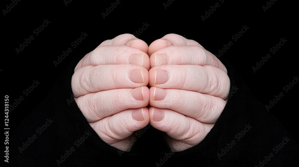 Close-up clasped hands, black background, cold weather Close-up clasped hands, black background, cold weather
