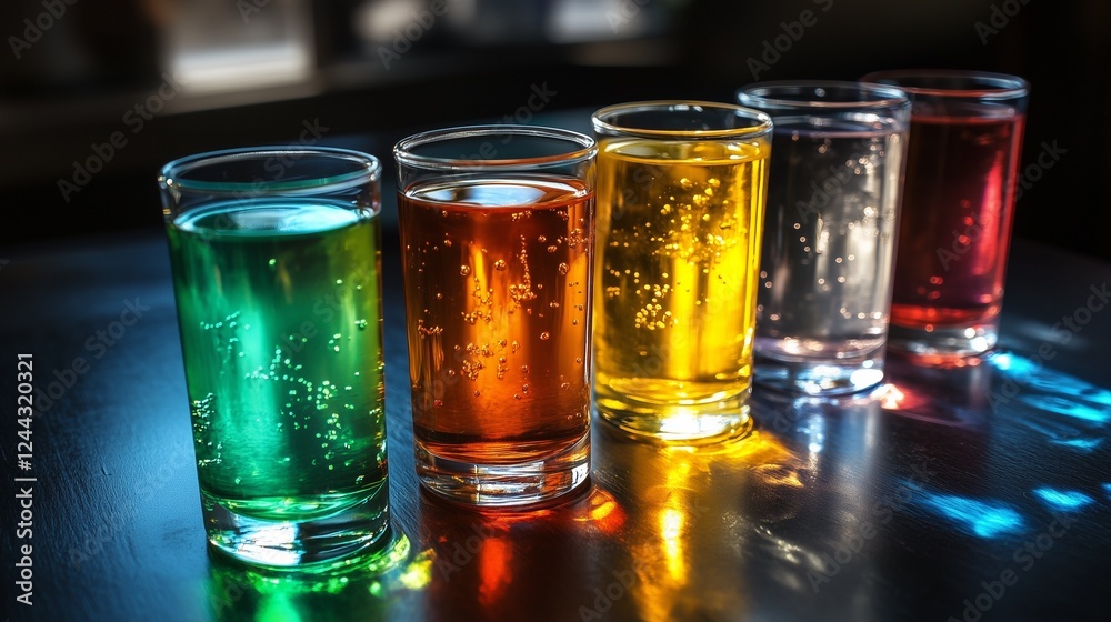 Colorful drinks in glasses with bubbles reflecting light on a dark table Colorful drinks in glasses with bubbles reflecting light on a dark table