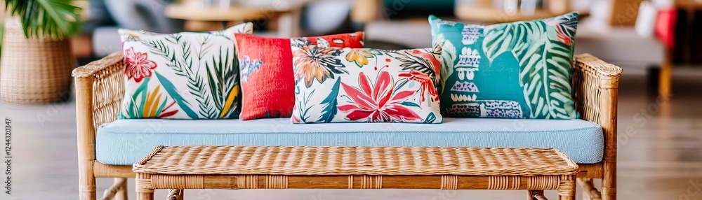 Bohemian rattan bistro coffee table, colorful cushions, artistic hippie cafe vibe Bohemian rattan bistro coffee table, colorful cushions, artistic hippie cafe vibe