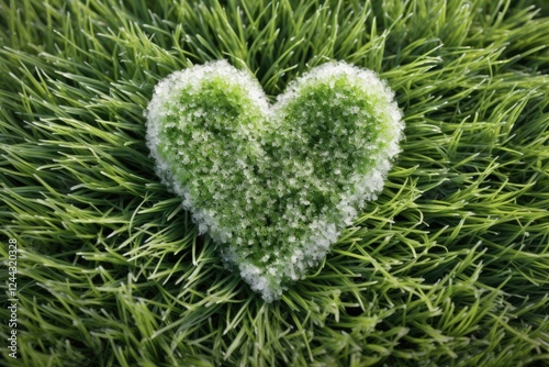 Heart-shaped Snow Melting. Climate Concept with Green Grass Closeup as Frosty Background