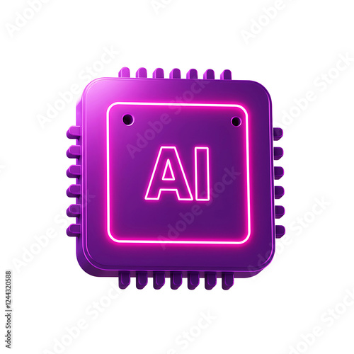 Neon Pink AI Chip Icon with Glowing Letters AI on Purple Background for Futuristic Technology Concept on Transparent Background