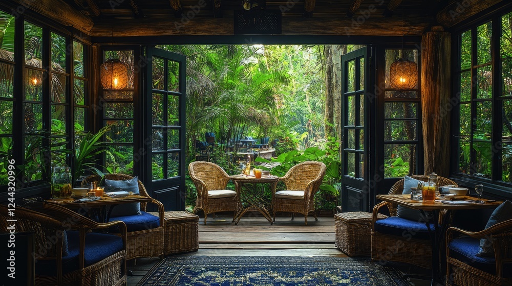 Fototapeta premium A cozy dining area with a view of lush greenery, perfect for relaxation and meals.