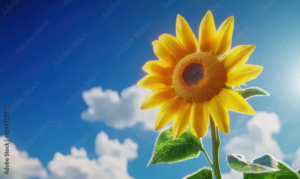 Bright yellow sunflower in full bloom against a deep blue sky, its petals radiating warmth and positivity Bright yellow sunflower in full bloom against a deep blue sky, its petals radiating warmth and positivity