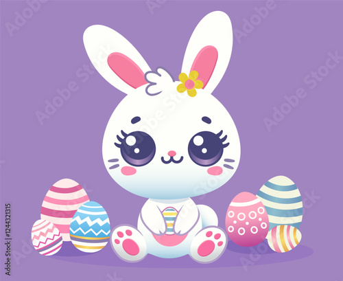 Vector cute baby easter bunny with big eyes, with colorful easter eggs. Festive vector illustration of an animal with eggs. Happy Easter greeting card, flat art