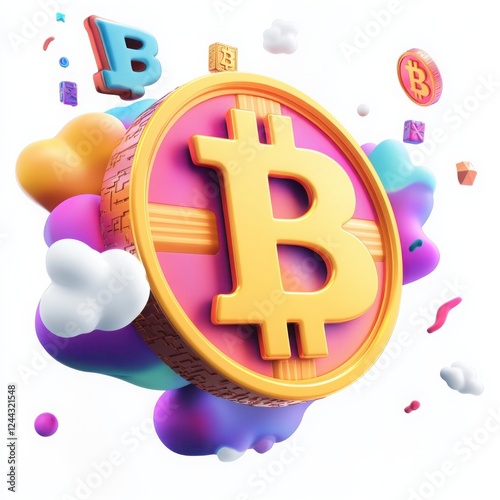 Cartoon 3d illustration of cryptocurrency bitcoin on white background. Illustration of bitcoin. Finance, cryptocurrency market, exchange, trading cryptocurrency. AI generated.