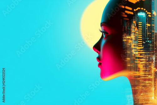 Female Profile Silhouette City Lights Reflection - A modern digital art piece symbolizing technology, femininity, urban life, future