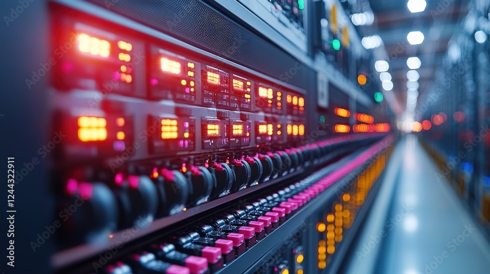 Close-up view of server racks in a data center, showcasing illuminated control panels and cables Close-up view of server racks in a data center, showcasing illuminated control panels and cables