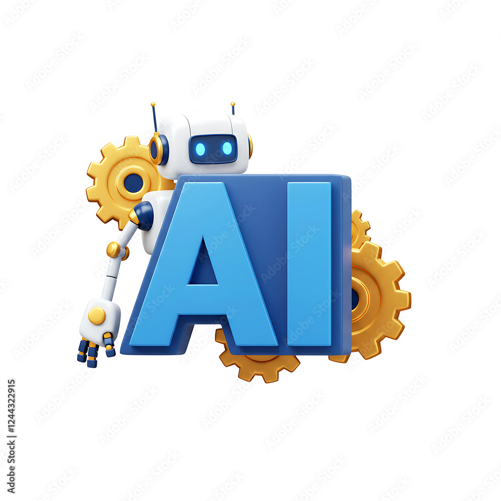 Futuristic AI Concept with 3D Blue Letters, Robot, and Gears on Transparent Background Futuristic AI Concept with 3D Blue Letters, Robot, and Gears on Transparent Background