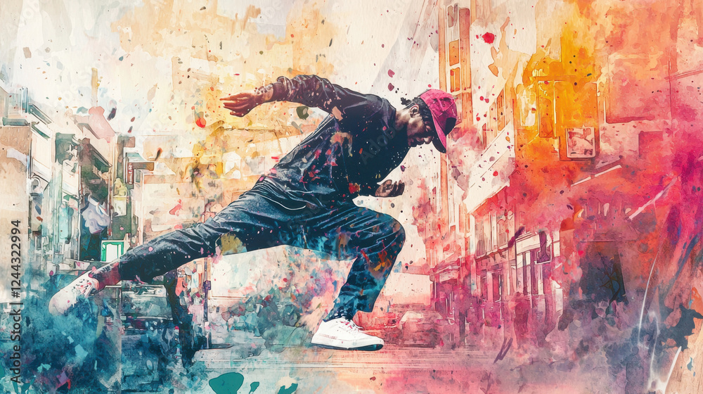 Fototapeta premium A man in a blue shirt and black pants is running through a colorful city street