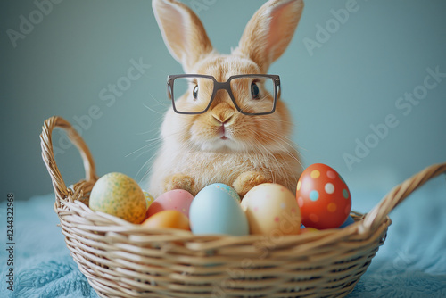 Playful bunny with glasses surrounded by colorful Easter eggs in a cozy setting on a spring afternoon