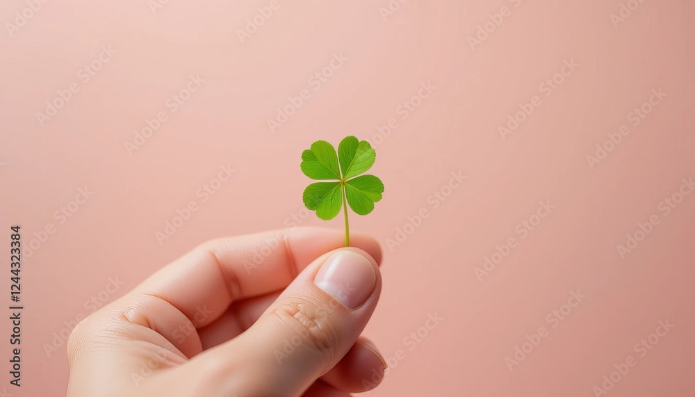 Hand gently holding a sprig of shamrock clover against a bright, soft pastel background, with the three leaves symbolizing luck and good fortune. Generative AI Hand gently holding a sprig of shamrock clover against a bright, soft pastel background, with the three leaves symbolizing luck and good fortune. Generative AI