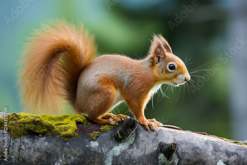 A charming red squirrel perched at the edge of a moss-covered log
