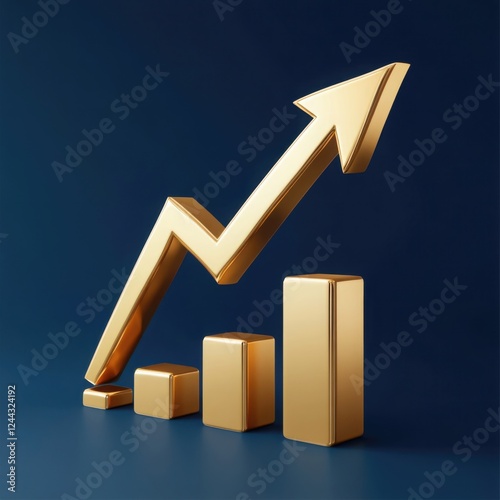 3d volumetric illustration of golden growth financial arrow with chart on blue background. Business, financial growth. AI generated.