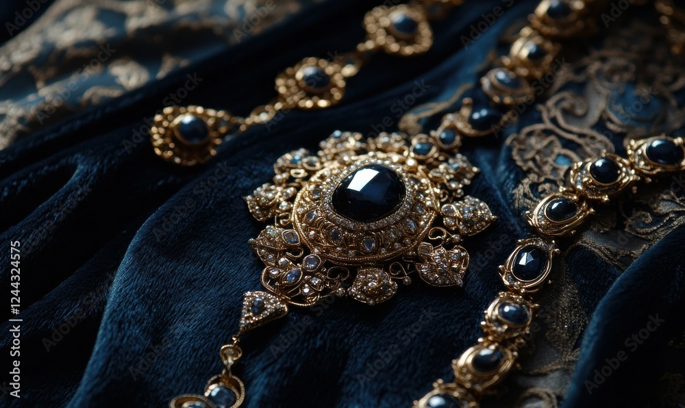 Obraz premium Close-up of intricate jewelry with gemstones and gold accents, placed on a velvet fabric for a luxurious and timeless display