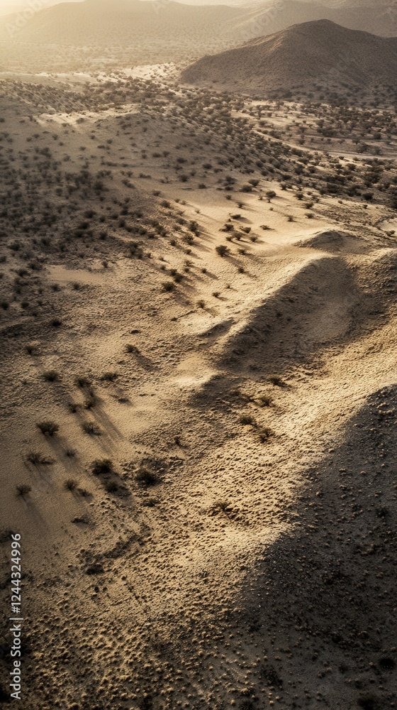 Awe-Inspiring Aerial View of a Dramatic Desert Landscape, Capturing the Beauty of Sand Dunes and Sparse Vegetation, a Stunning Natural Scenery Awe-Inspiring Aerial View of a Dramatic Desert Landscape, Capturing the Beauty of Sand Dunes and Sparse Vegetation, a Stunning Natural Scenery