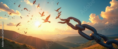 A powerful image captures a broken chain in the foreground, symbolizing liberation, as a flock of birds soars into a vibrant sunset sky. The warm hues of orange and gold blend with soft clouds
