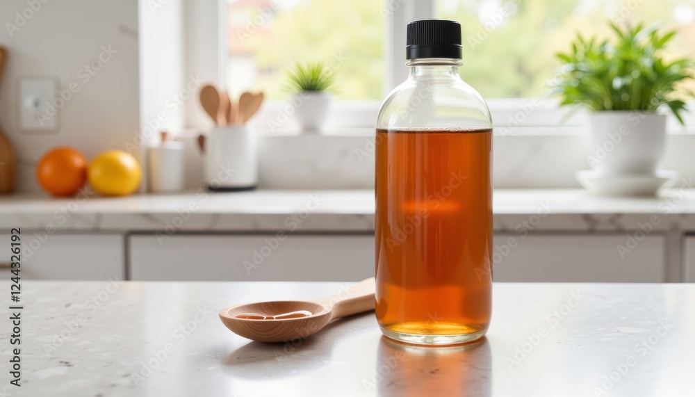 Cough syrup bottle and spoon on kitchen counter, health concept Cough syrup bottle and spoon on kitchen counter, health concept