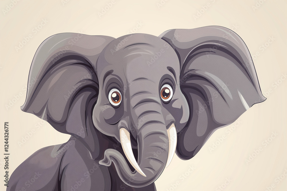 A cheerful cartoon elephant with prominent tusks and a raised trunk, exuding charm and playfulness A cheerful cartoon elephant with prominent tusks and a raised trunk, exuding charm and playfulness