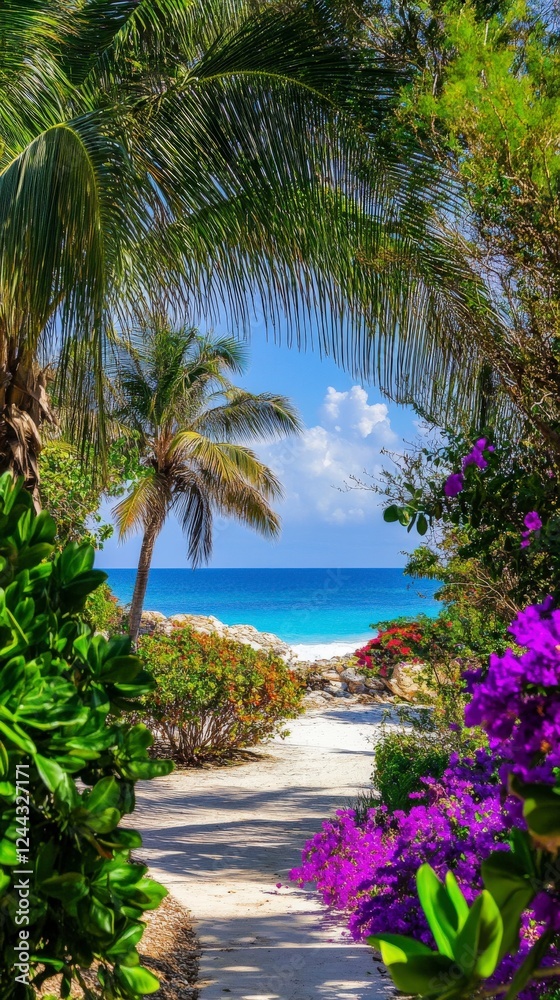 Fototapeta premium Tropical Paradise Pathway: A Coastal Garden Escape