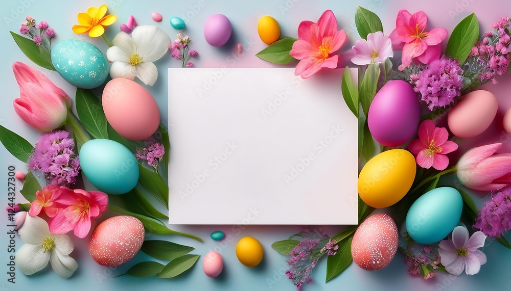 Springtime Easter composition with a mix of eggs and flowers, designed around a white blank paper. Ai Generative Springtime Easter composition with a mix of eggs and flowers, designed around a white blank paper. Ai Generative