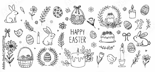 A black and white drawing of Easter decorations including Easter eggs, rabbits, and flowers. The drawing is titled "Happy Easter" and is filled with various Easter symbols