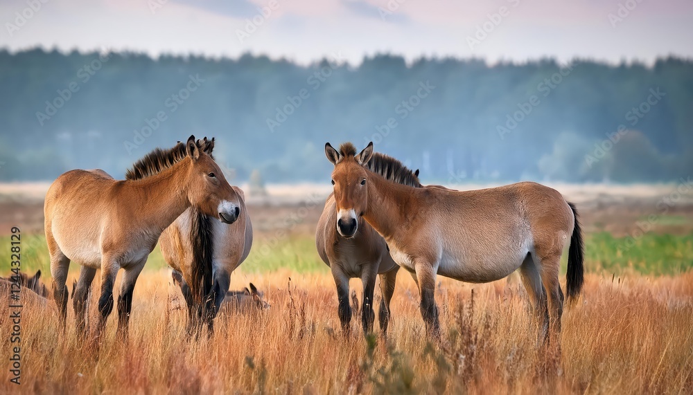 Rare Glimpse of Equus Przewalski Wild Horse Herd Roaming Freely in Mongolian Steppes at Dusk, Capturing the Majesty and Resilience of One of the Worlds Rarest Species Rare Glimpse of Equus Przewalski Wild Horse Herd Roaming Freely in Mongolian Steppes at Dusk, Capturing the Majesty and Resilience of One of the Worlds Rarest Species