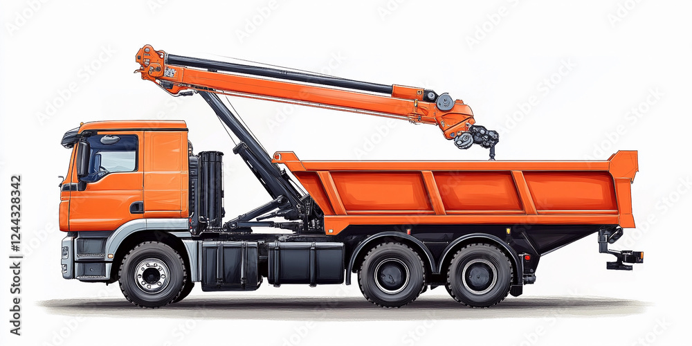 Naklejka premium Large orange truck with crane for construction work