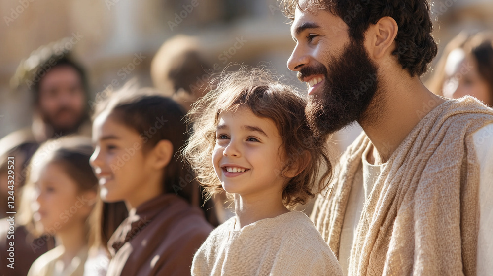 Family Attending Easter Play with Resurrection Scene Actors Family Attending Easter Play with Resurrection Scene Actors