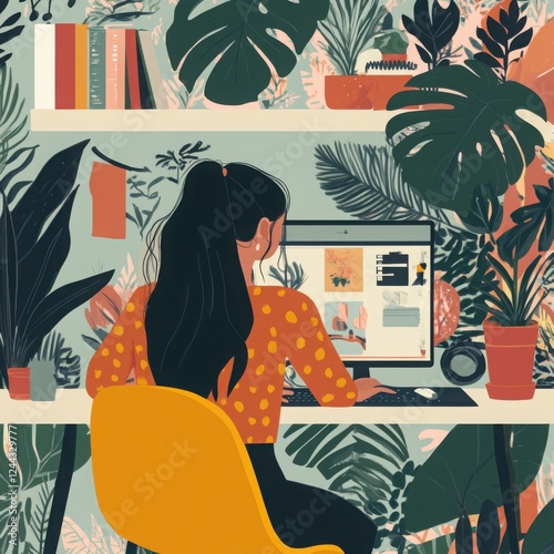 Color illustration of girl sitting behind the computer and working remotely in home office. Young woman working on computer at home, plants, comfort, calmness. AI generated.