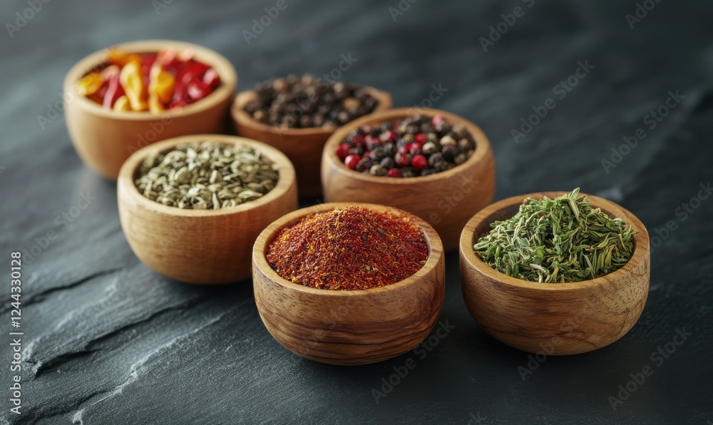 Collection of colorful spices and herbs arranged neatly in wooden bowls on a rustic slate background, creating an aromatic feast Collection of colorful spices and herbs arranged neatly in wooden bowls on a rustic slate background, creating an aromatic feast