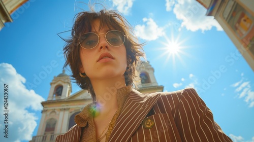 Stylish woman in pinstripe suit and sunglasses against sunny sky portrait image. Architectural landmark picture photorealistic photography. Modern chic concept photo realistic