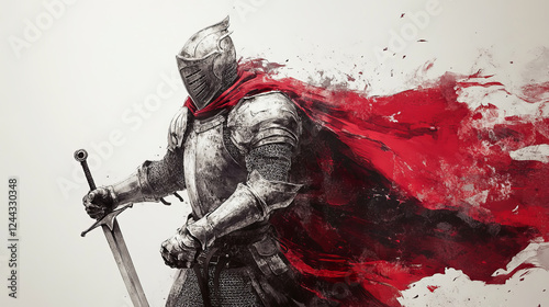 Medieval knight icon, heraldic warrior with sword and helmet armor, vector. Knight warrior in iron armor and red cape helmet or paladin sign for sport fight club badge and heraldry