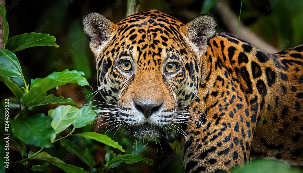 Intense Encounter Majestic Jaguar Stares Directly into the Lens Amidst Tropical Jungle Vegetation, Evoking a Sense of Wild Mystique and Majesty. Intense Encounter Majestic Jaguar Stares Directly into the Lens Amidst Tropical Jungle Vegetation, Evoking a Sense of Wild Mystique and Majesty.