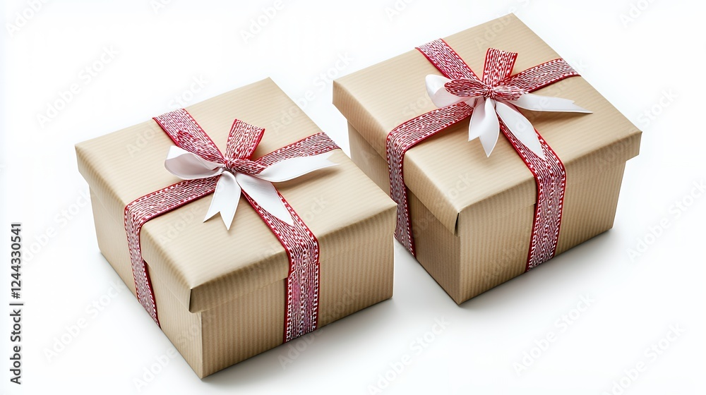 Obraz premium Elegant Gold Gift Boxes with Red and White Ribbons: Festive Presentation