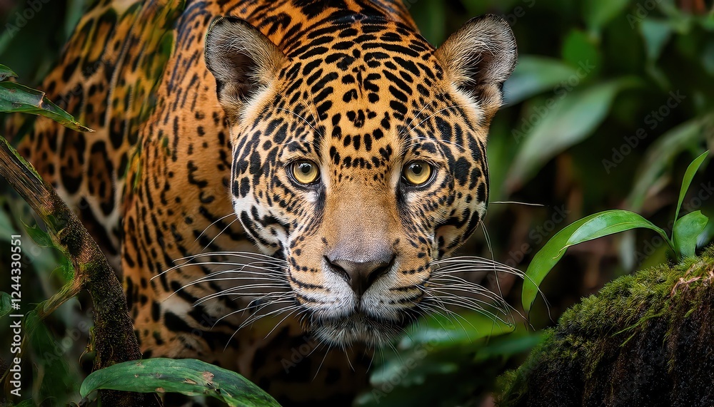 Fototapeta premium Intense Gaze of a Jaguar amidst Tropical Jungle Greenery, Wild and Focused in the Heart of South Americas Natural Beauty