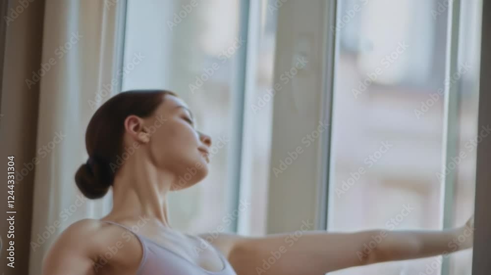 Ballerina performing neck stretches by the window Ballerina performing neck stretches by the window
