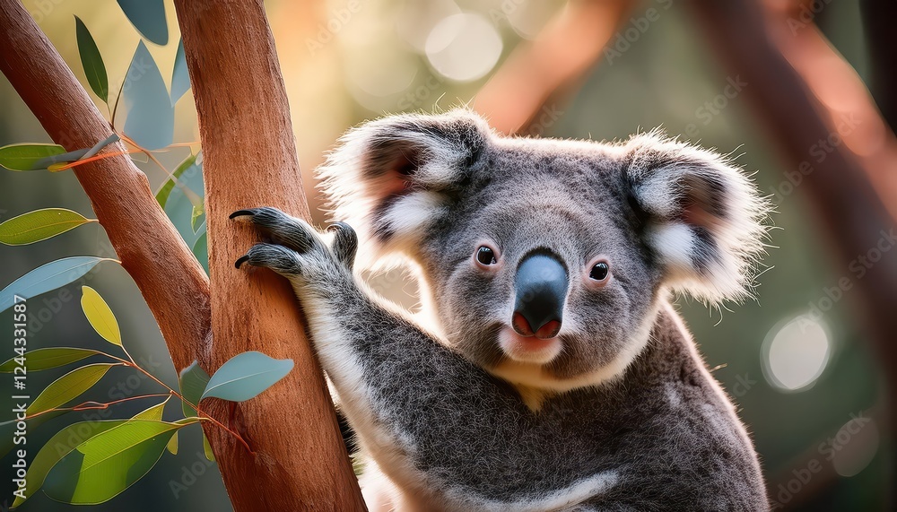 Naklejka premium Majestic Koala Lounging on Eucalyptus Branch amidst an Australian Rainforest Canopy, Showcasing the Beauty and Serenity of a Lush, Green Landscape
