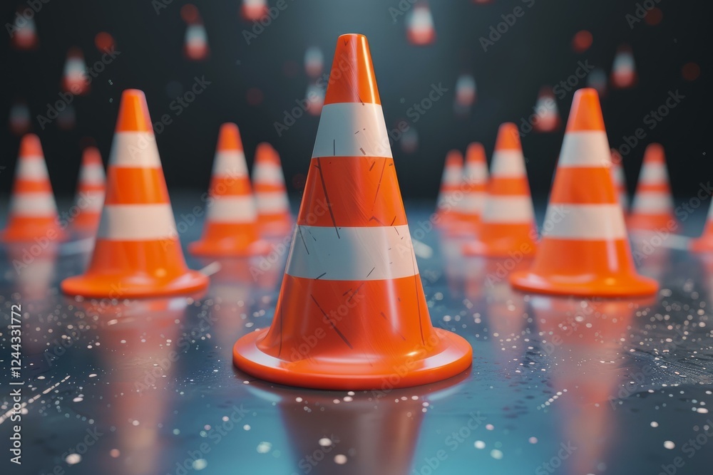 Many traffic cones standing on wet asphalt during roadworks at night Many traffic cones standing on wet asphalt during roadworks at night