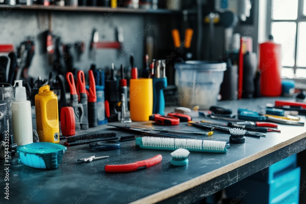 Tools for meticulous car detailing organized on a workbench in high definition. Generative AI Tools for meticulous car detailing organized on a workbench in high definition. Generative AI