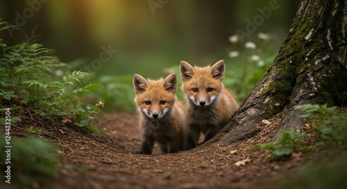Two curious red fox cubs exploring a serene forest floor with vibrant greenery and soft natural light in a tranquil wildlife photography style