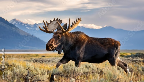 Majestic Moose in Action The Powerful Grace of a Large Moose Galloping through a Lush Field in Jackson Hole, Wyoming at Dawns Early Light, Capturing the Spirit of Wilderness and Nature. photo