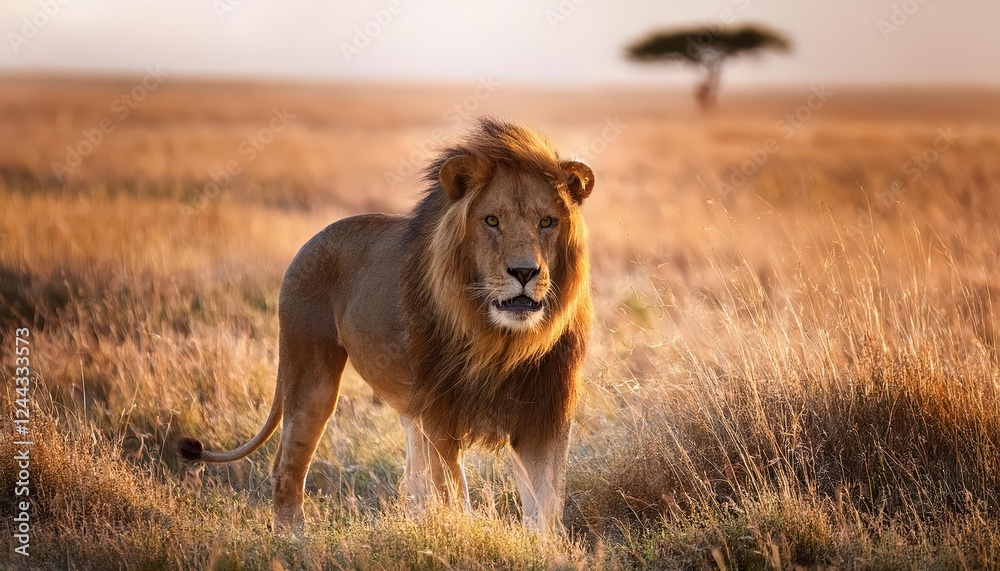 Powerful and Regal A Striking Lion Amidst the Savannah Grasslands of Serengeti National Park in Tanzania, Africa Powerful and Regal A Striking Lion Amidst the Savannah Grasslands of Serengeti National Park in Tanzania, Africa