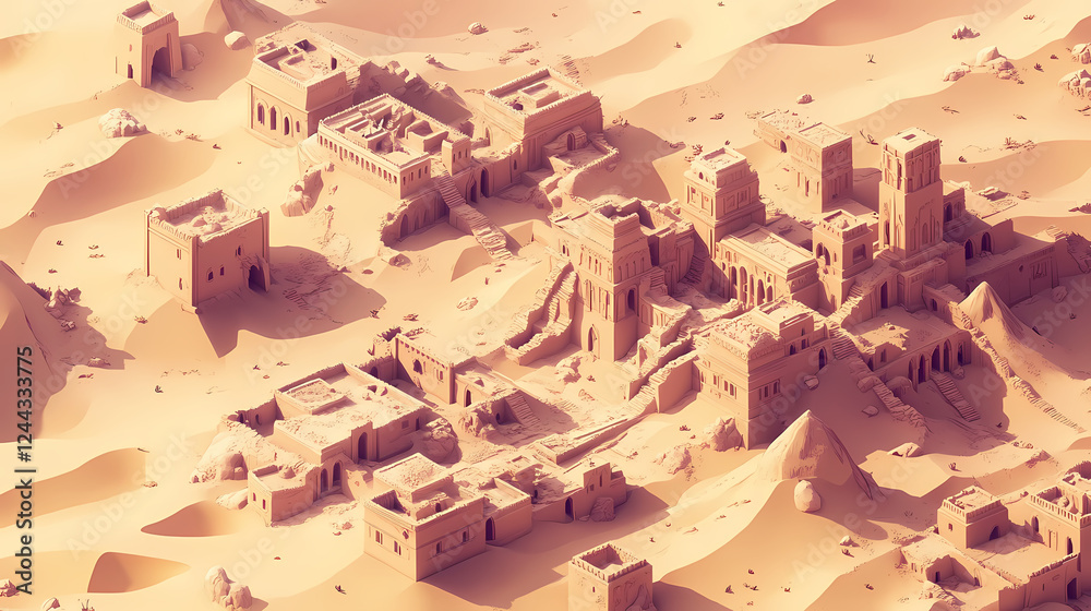 Fototapeta Isometric lost city in the desert with massive sandstone structures. Monumental Structures. Illustration