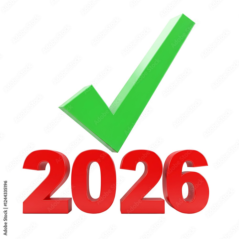 Green Checkmark and Red 3D Numbers 2026 for Approval and Future Milestone on Transparent Background Green Checkmark and Red 3D Numbers 2026 for Approval and Future Milestone on Transparent Background