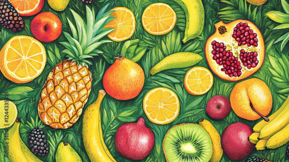 custom made wallpaper toronto digitalRetro groovy fruit characters stickers pack. Vector pineapple, banana, orange and lemon, grapefruit, apple, watermelon and pomegranate with pear, peach, quince and kiwi or plum on green summer meadow