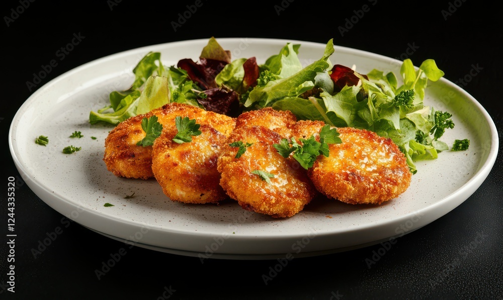 Delicious breaded chicken cutlets served on a white plate, garnished with parsley and accompanied by fresh salad greens